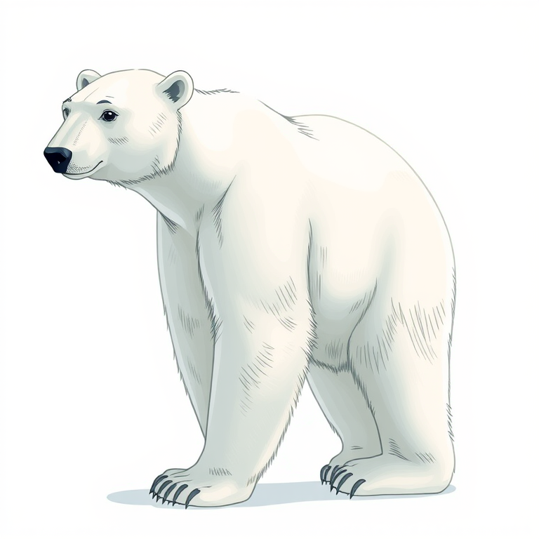 create a detailed illustration of a polar bear standing sideways with a smooth and glossy finish, using a DSLR camera with a 50mm lens, aperture set to f/8 for depth of field, ISO 100 for clarity, and a soft natural light to enhance highlights and shadows.
