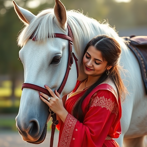 Create an image of a woman in traditional attire gently interacting with a white horse, captured in soft natural light with a shallow depth of field, using a DSLR camera with a 50mm lens at f/1.8, ISO 200, and a shutter speed of 1/200 sec, ensuring a warm and serene atmosphere.