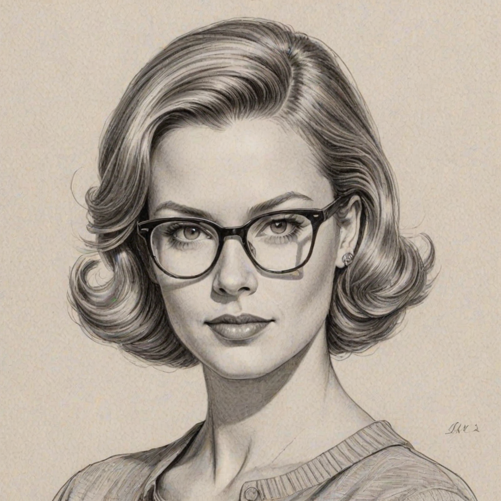 Comely Candice Cameron Bure, pencil sketch, portrait of Appealing woman 1950s in glasses, hair style beatnik, outline, clear lines, fine lines, 8k