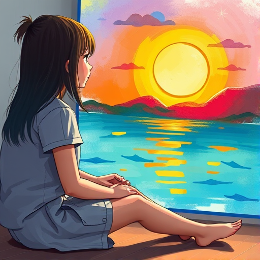 Create an illustration of a girl sitting on the floor, gazing at a colorful abstract painting of water and a sun, using a Canon EOS R5 with a 50mm f/1.8 lens, aperture set to f/2.8, ISO 200, and a soft focus effect for a dreamy feel.