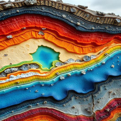 Create a detailed illustration of a cross-section of a vibrant geological formation with layers of different textures and colors, showcasing minerals and structures, using a DSLR camera with a 50mm lens, aperture f/8, ISO 100, and soft natural lighting to enhance clarity and depth.
