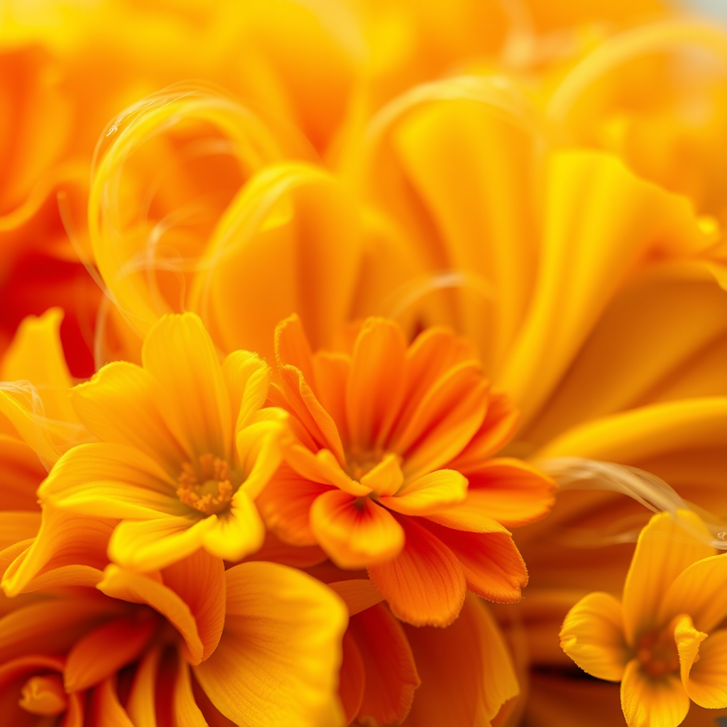 Create an abstract close-up of swirling vibrant colors with three-dimensional flowers in pastel yellow and orange, shot with a Canon EOS R5, 50mm lens, f/1.8 aperture, ISO 100, in soft natural light to enhance texture and detail.