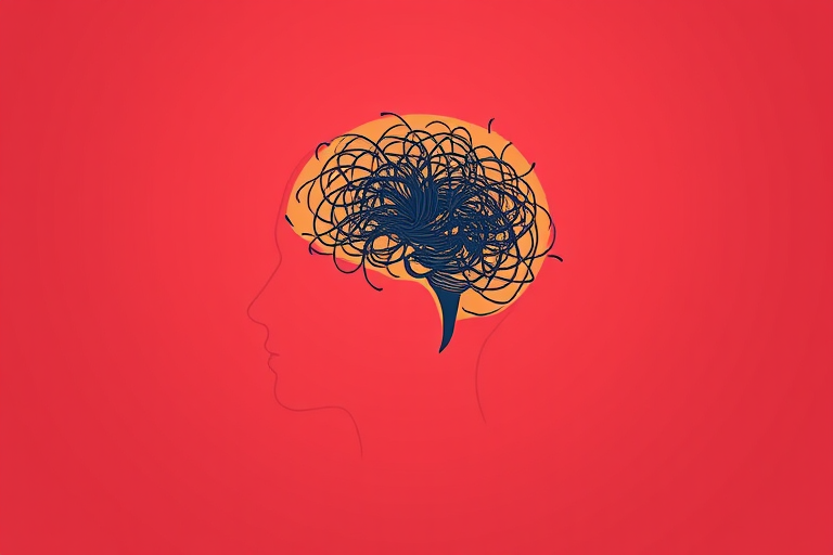 Create a digital illustration of a person managing a tangled mess in the shape of a brain inside a large silhouette of a head, using a minimalist style with a coral backdrop, shot with a Canon EOS R5, 50mm lens, f/2.8 aperture, 1/200 shutter speed, and vibrant colors for enhanced clarity.