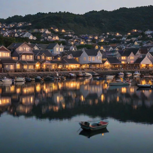 Soft-focus image of a quiet fishing village at dusk, with soft golden light reflecting off the water and small boats gently bobbing in the harbor, with houses softly blurred in the distance.