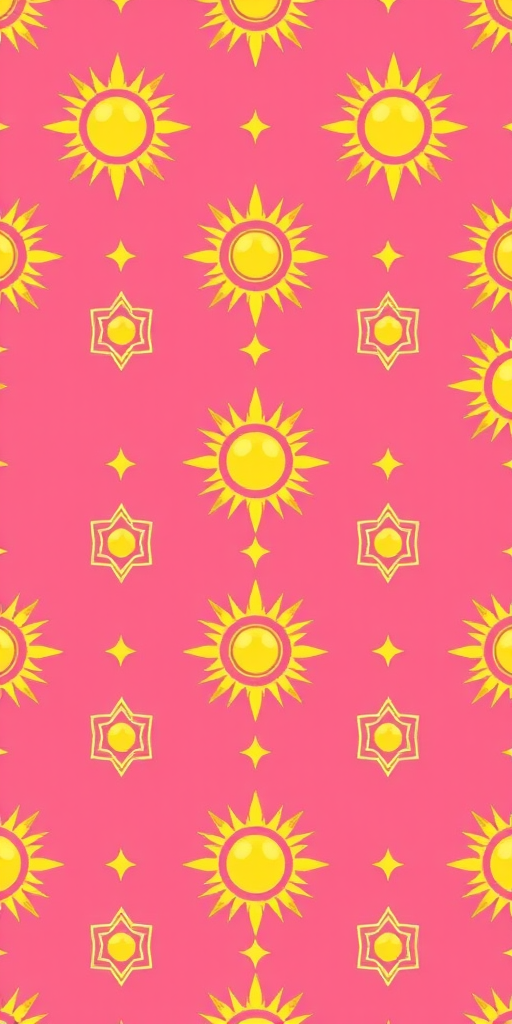 Create a seamless pattern design featuring alternating golden sun motifs and geometric shapes on a vibrant pink background, shot with a DSLR camera, f/8 aperture, ISO 100, 50mm lens for sharp detail and vibrant color clarity.