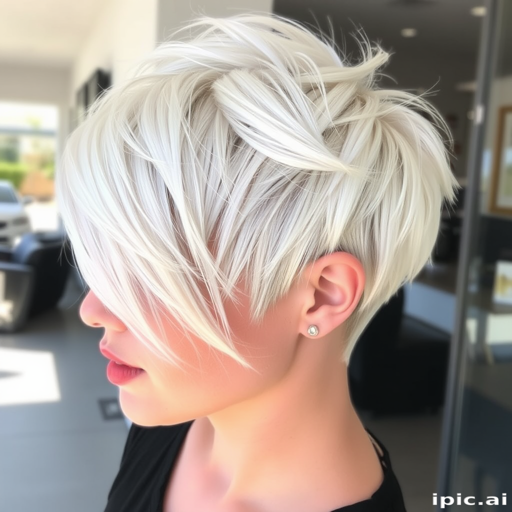 Striking platinum blonde pixie cut with edgy asymmetrical layers, featuring a bold undercut design and delicate silver streaks that catch the light, exuding confidence and modern sophistication.