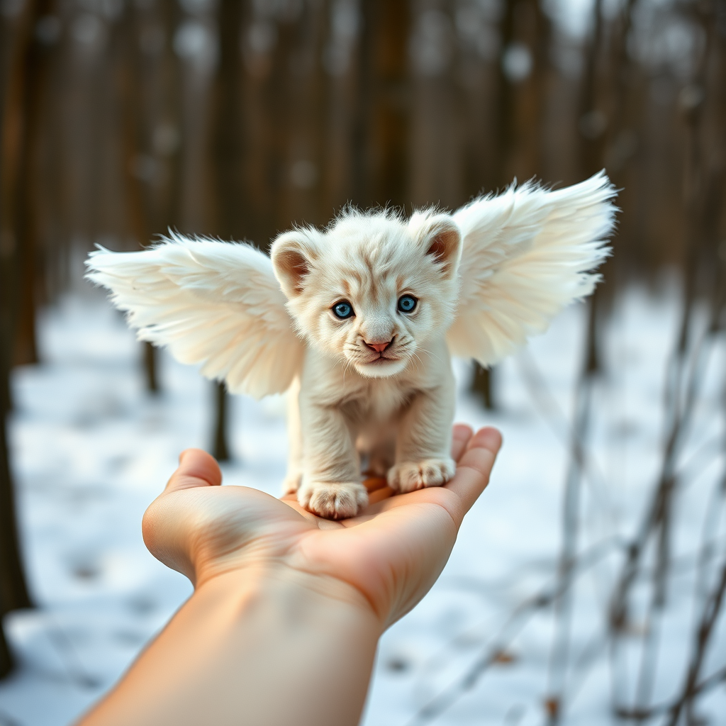 A small, white lion cub with angelic wings standing on a human hand. The cub has a soft, fluffy texture with detailed fur, expressive blue eyes, and a curious expression. The wings are large and feathery, blending seamlessly with its fur, giving an ethereal appearance. The background is a winter forest, with the ground covered in snow and blurred brown trees, creating a serene atmosphere. The human hand in the foreground is positioned palm-up, supporting the lion cub gently, fingers slightly curled. The lighting is soft and diffused, enhancing the tender and magical feel of the scene. Colors are predominantly neutral with white, cream, and soft browns, contrasting with the subtle blue of the lion cub's eyes. The overall composition is balanced, with the cub at the center, creating a focal point that draws the viewer's attention immediately.