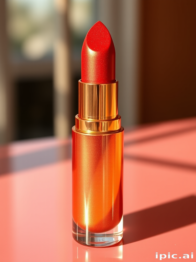 Glamorous "Golden Hour" metallic liquid lipstick featuring warm, sun-kissed tones with a high-shine finish, perfect for creating a radiant, glowing makeup look