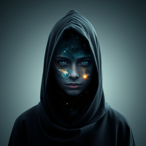 A mysterious hooded figure stands silently, the dark cloak flowing around them like shadows. Beneath the hood, their face is a mesmerizing cosmic scene where swirling galaxies, radiant stars, and vibrant planets form the features. Nebulas drift where eyes should be, glowing softly, while delicate streaks of cosmic energy trace the outlines of a nose and lips. Comets streak across the vastness of their face, and faint constellations pulse with life. The entire visage shifts and evolves as if the universe itself is contained within the figure, giving an ethereal, otherworldly presence to their form.