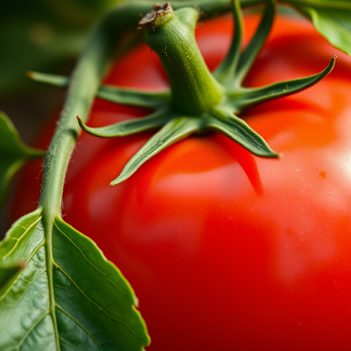 Create a hyper-realistic close-up image of a shiny red tomato with vivid green leaves, using a DSLR camera with a 50mm lens, aperture f/2.8, ISO 100, and natural light.
