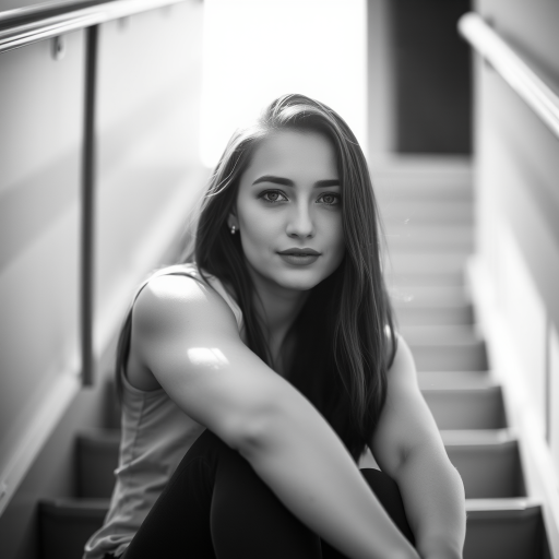 high contrast black and white portrait of a woman sitting on stairs with soft light illuminating her face, ISO 200, f/2.8 aperture, 50mm lens, shallow depth of field, natural light, DSLR camera