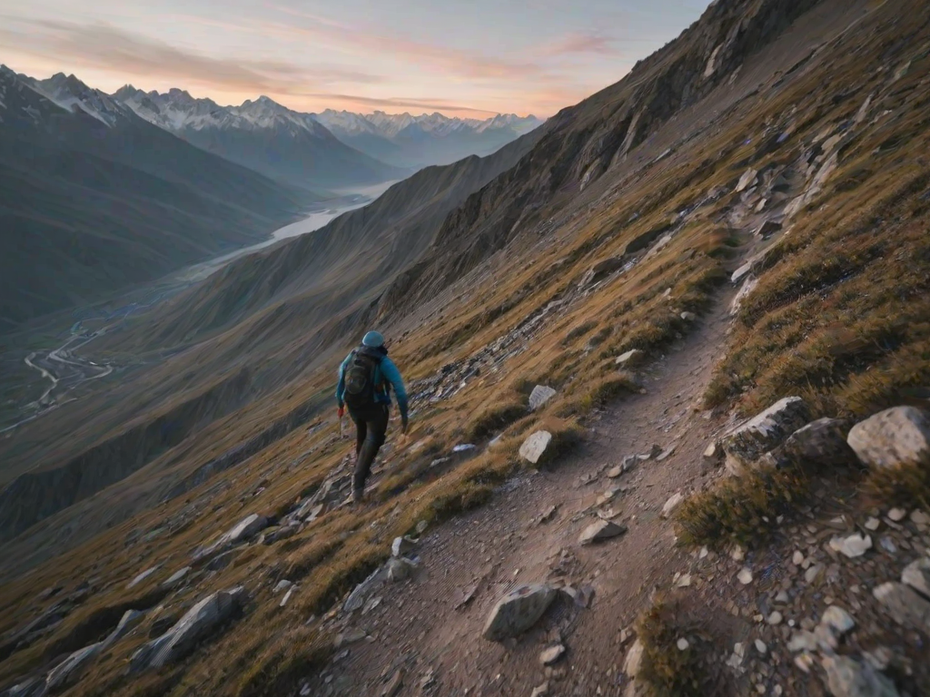Blurry action shot of a hiker climbing a steep mountain trail at dawn, soft focus on the distant snow-capped peaks, with a feeling of adventure and determination filling the air.