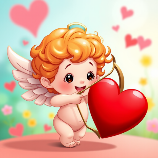 Create an illustration of a cute cartoon character resembling a cherub with orange curly hair, holding a bow and arrow aimed at a red heart, with a vibrant, cheerful background; use a DSLR camera with a 50mm lens, aperture f/1.8, ISO 100, and natural lighting for a soft focus effect and rich colors.