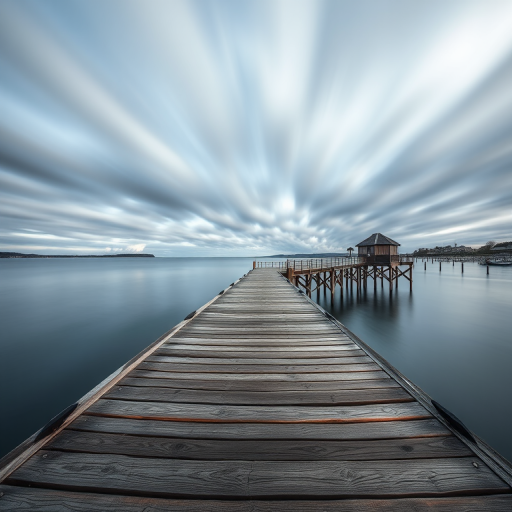 Wide-angle shot of a wooden pier extending into a calm harbor with blurred clouds above, taken with a Canon EOS R5, f/8 aperture, ISO 100, 15-second exposure for long exposure effect, enhanced color contrast and sharpened details.
