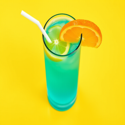 Create an image of a vibrant cocktail in a tall glass with a slice of orange and a straw, flat design style, bright yellow background, shot with a Canon EOS R, aperture f/2.8, ISO 200, 50mm lens, top-down angle for clarity and detail.