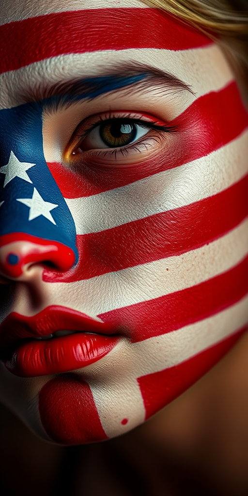 Generate a high-resolution image of a close-up portrait of a person with their face painted in the colors of the American flag, featuring dripping paint effects; use a Canon EOS R5 camera with an 85mm lens, aperture f/1.8, ISO 100, and a soft low-key lighting setup for dramatic shadows.
