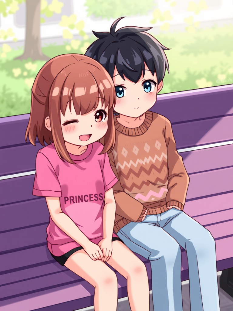 create an illustrated scene of two cartoon characters sitting on a bench, one wearing a pink "PRINCESS" shirt with brown hair and the other wearing a brown sweater with zigzag patterns and short hair, using a high-resolution digital art style, shot with a 50mm lens at f/2.8, in bright daylight for vibrant colors and clear details.