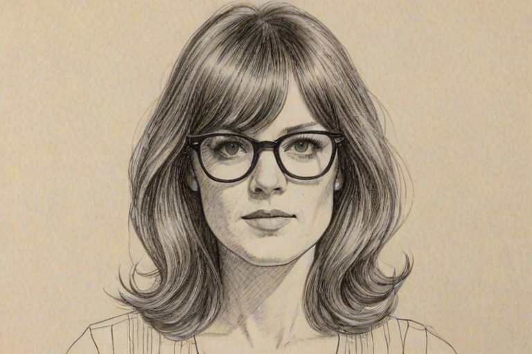 Fetching Rosemarie DeWitt, pencil sketch, portrait of Pleasing woman 1970s in glasses, hair style beatnik, outline, clear lines, fine lines, 8k