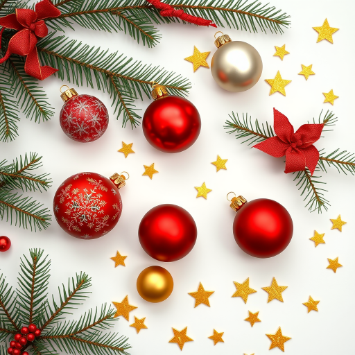 Create an image of a flat lay composition featuring festive Christmas decorations with red, gold, and white ornaments, pine branches, and scattered golden stars on a white background, captured with a DSLR camera at f/2.8 aperture, 50mm lens, natural lighting, overhead view.