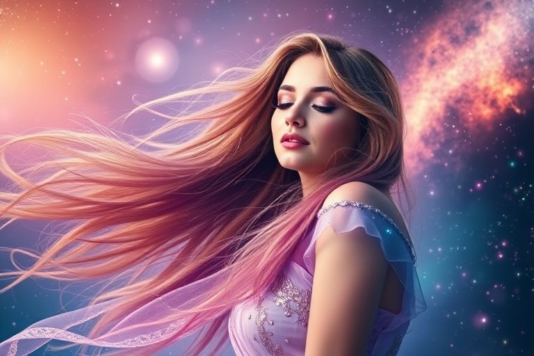 A celestial woman with long flowing hair surrounded by a vibrant galaxy, soft ethereal lighting, Canon EOS R5, 85mm lens, f/1.8 aperture, ISO 100, vibrant colors and high dynamic range.