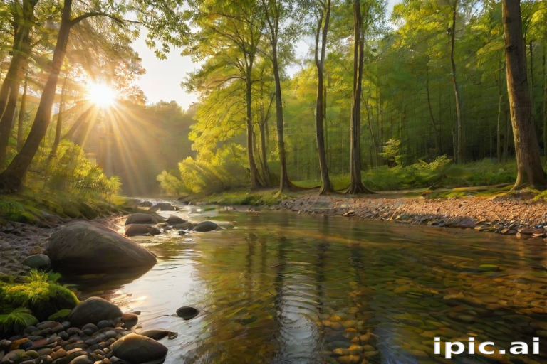 Create an image of a serene, sunlit forest scene with a clear, gently flowing river. Tall trees with lush green foliage line both sides of the river, their leaves bathed in the warm golden light of the setting or rising sun. The sunlight filters through the trees, casting soft, dappled light on the river, which flows over smooth rocks and pebbles, creating a peaceful, natural atmosphere. The sky is bright with a few scattered clouds, and the overall mood is tranquil, evoking a deep sense of connection with nature. The image captures the beauty of a calm, pristine forest landscape at either dawn or dusk.