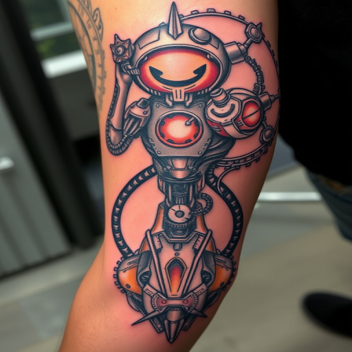 Biomechanical tattoo named "Cybernetic Fusion" blending organic forms with mechanical elements to create the illusion of exposed robotic parts beneath the skin, admired for its intricate detailing and futuristic aesthetic