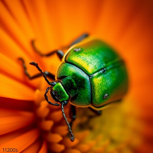 Close-up shot of a vibrant green beetle on an orange flower petal, shallow depth of field, using a macro lens, aperture f/2.8, shutter speed 1/200s, ISO 100, natural lighting, DSLR camera.