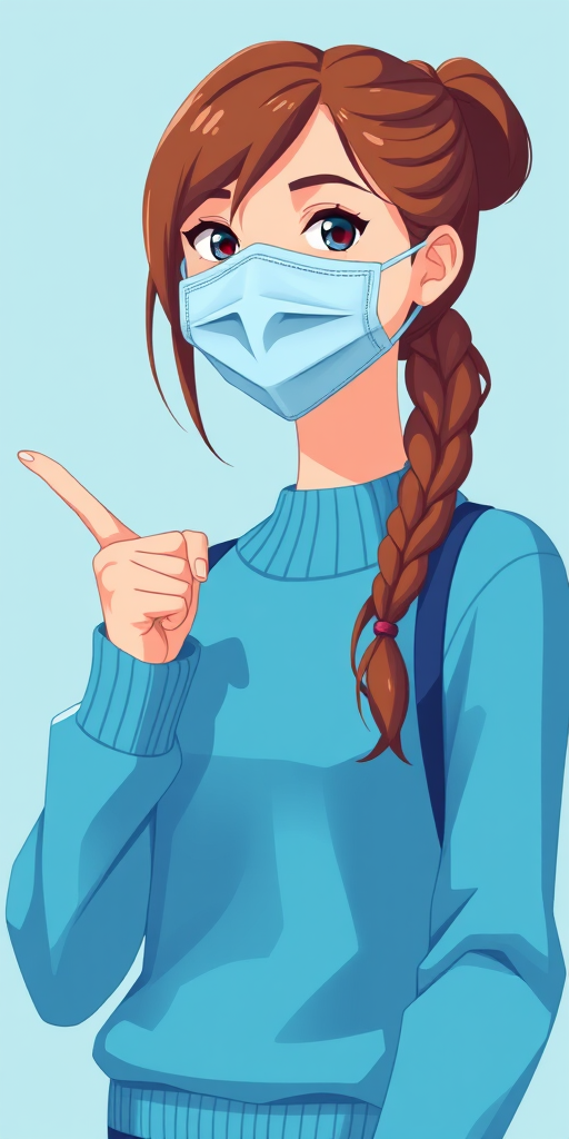 female character wearing a blue sweater and a mask pointing with her right index finger, flat design, vibrant colors, soft focus, 50mm lens, f/1.8 aperture, ISO 100, natural lighting, portrait view, digital illustration
