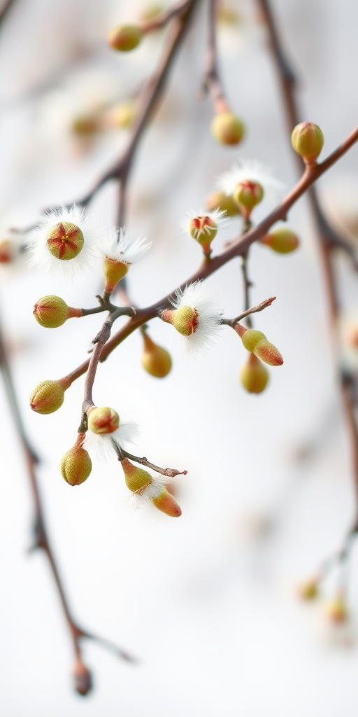 Close-up of spring willow branches with fluffy catkins on a white background, f/4.0, ISO 100, 1/125s, shot with a macro lens, focus stacked for detail, natural lighting.