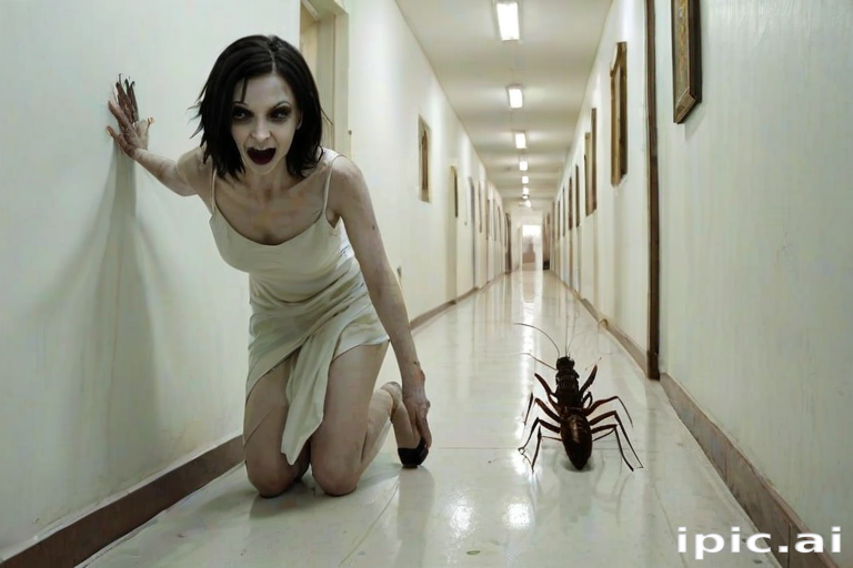 a crooked woman with long arms and a creepy smile is crawling along a long white corridor and you can also see cockroaches in it there is a creepy atmosphere creepy art style