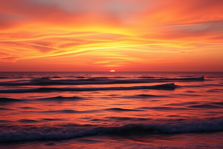 Create a high-quality image of a sunset over the ocean with vibrant colors in the sky using a DSLR camera, 50mm lens, f/8 aperture, 1/200 sec shutter speed, ISO 200, panoramic view, and a warm color palette.