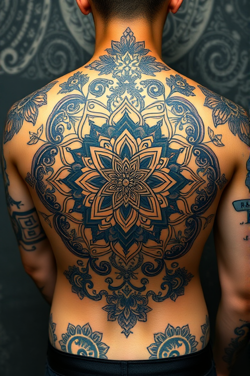 Ornate mandala tattoo covering the upper back and shoulders, incorporating intricate floral patterns and sacred geometry in deep blue and gold ink