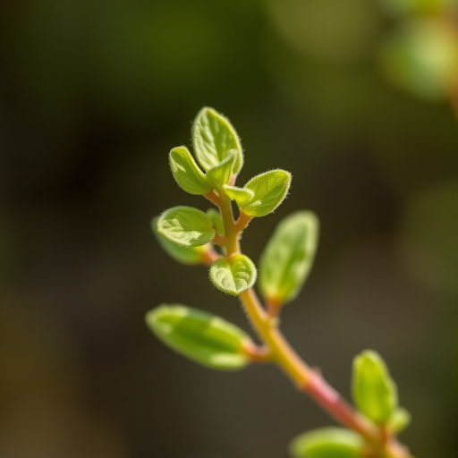Generate a high-resolution image of a delicate green botanical illustration of a sprig with leaves, using a macro lens, f/2.8 aperture, ISO 100, 50mm focal length, shot in natural light with a shallow depth of field for enhanced detail and clarity.