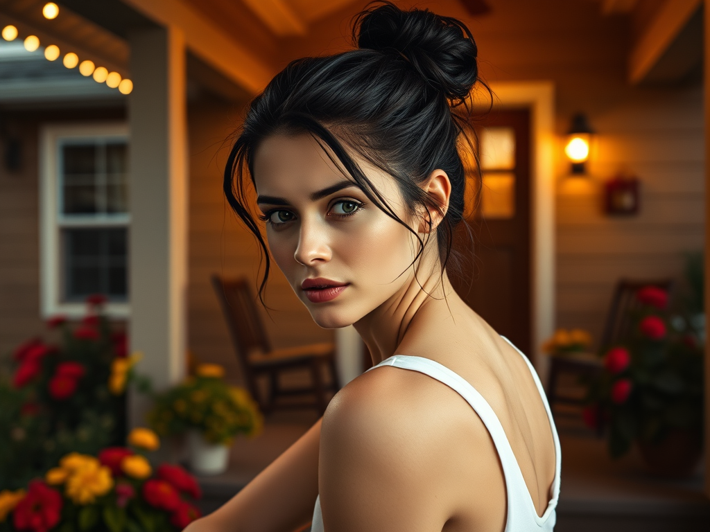 A photo of Kristen Stewart with a background of a cozy porch. She has dark hair pulled back in an updo, with tendrils framing her face. She wears a white tank top and sits on the porch. The porch is part of a well-lit home with a warm, earthy tone and colorful flowers and foliage. The overall scene has a warm, welcoming, and comfortable ambiance.