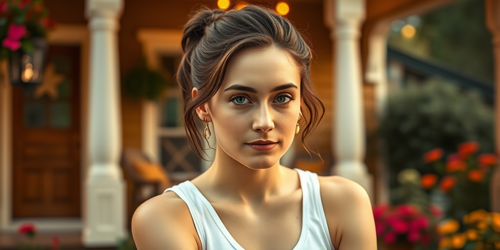 A photo of Saoirse Ronan with a background of a cozy porch. She has dark hair pulled back in an updo, with tendrils framing her face. She wears a white tank top and sits on the porch. The porch is part of a well-lit home with a warm, earthy tone and colorful flowers and foliage. The overall scene has a warm, welcoming, and comfortable ambiance.