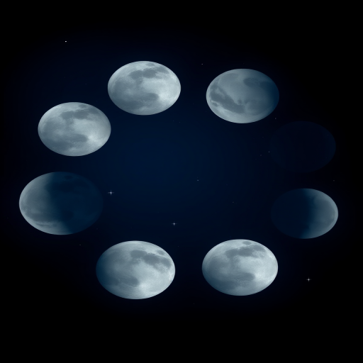 Create an illustration of the phases of the moon against a dark blue background, with stars scattered throughout, using a Canon EOS 5D Mark IV, 50mm lens, f/8 aperture, ISO 200, and a soft focus style for enhanced details.