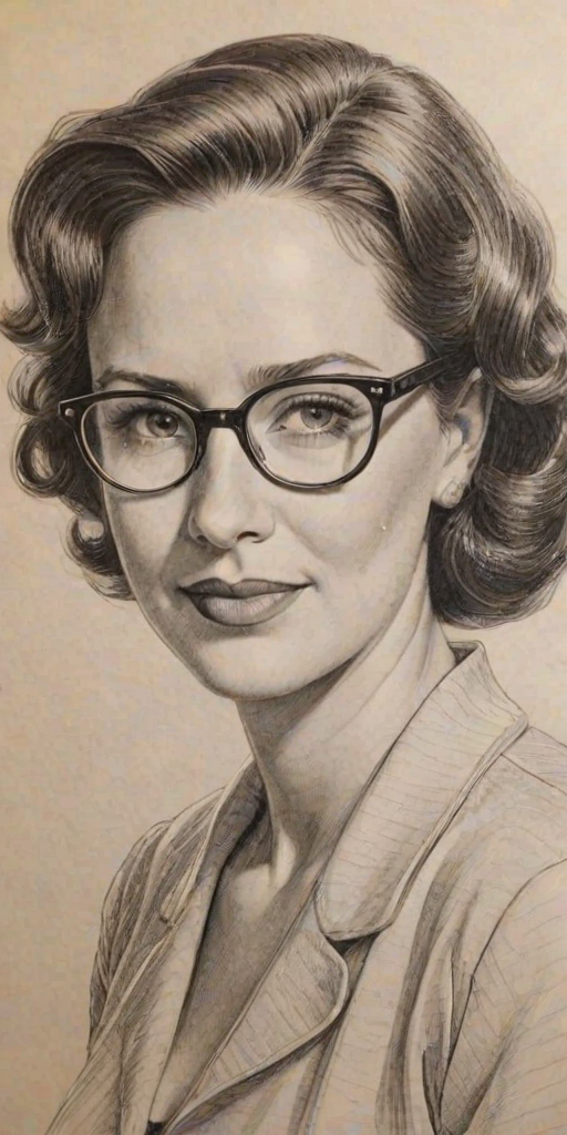 Bewitching Phyllis Smith, pencil sketch, portrait of Captivating woman 1949s in glasses, hair style beatnik, outline, clear lines, fine lines, 8k