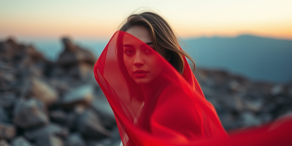 regenerate an image of a woman partially obscured by a translucent red fabric in a rocky landscape, using a Canon EOS R5 with a 50mm f/1.2 lens, aperture set to f/2.8, ISO 100, shot at dusk with soft natural lighting, shallow depth of field to create a dreamy background effect