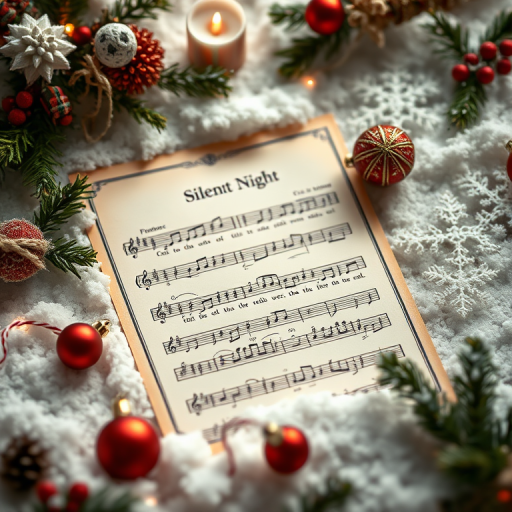 capture a beautifully arranged vintage sheet music of Silent Night on a snowy surface with festive decorations and ornaments around, shallow depth of field, natural lighting, macro view, DSLR camera, f/2.8 aperture, 50mm lens, ISO 100