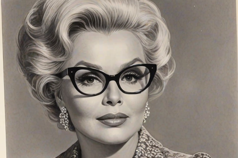 Bewitching Zsa Zsa Gabor, pencil sketch, portrait of Dazzling woman 1964s in glasses, hair style beatnik, outline, clear lines, fine lines, 8k