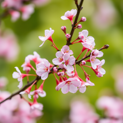 close-up shot of cherry blossom branches with delicate pink flowers, shallow depth of field, ISO 200, aperture f/2.8, shutter speed 1/500 sec, 50mm lens, natural light, DSLR camera, softly blurred green background for enhanced focus on flowers