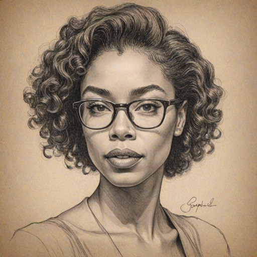 Graceful Sophie Okonedo, pencil sketch, portrait of Alluring woman 1939s in glasses, hair style beatnik, outline, clear lines, fine lines, 8k