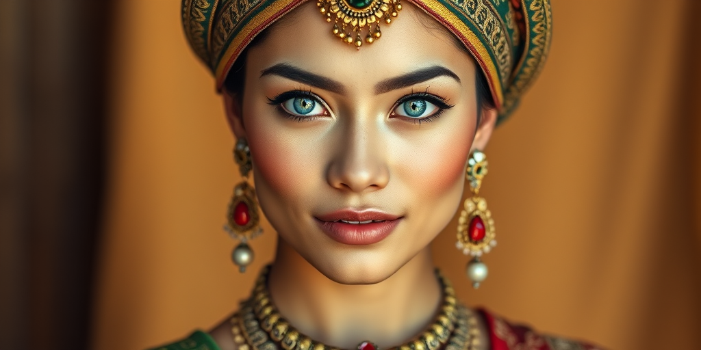 Create a portrait of a beautiful Indonesian woman with striking blue eyes and a gentle expression. She is adorned in traditional attire with intricate patterns, including a richly embroidered headscarf and matching garments. Her jewelry includes a delicate headpiece, dangling earrings, and ornate bracelets, all featuring vibrant gemstones and detailed metalwork. The background is soft and warm, enhancing the rich colors of her outfit and jewelry.