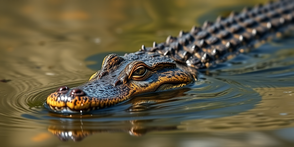 capture a close-up of a crocodile swimming in a calm river, shallow depth of field, natural light, 300mm lens, f/4 aperture, ISO 100, DSLR camera, vivid colors and high detail