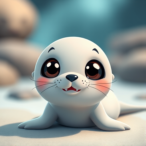 Create a high-resolution cartoon-style image of a cute seal with big expressive eyes and a playful pose, using a Canon EOS R5 camera, 50mm lens, f/1.8 aperture, ISO 200, with natural lighting and a soft focus background to enhance the image quality.