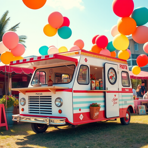 vintage food truck in a cheerful outdoor setting with colorful balloons, bright daylight, wide-angle lens, f/8 aperture, ISO 100, DSLR camera, vibrant colors and crisp details
