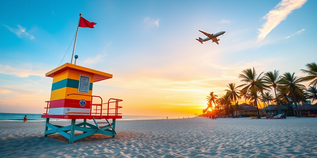 create a vibrant beach scene with a colorful lifeguard tower, palm trees, and a small airplane flying overhead during sunset, use a Canon EOS R5 with a 24mm lens, aperture f/8, shutter speed 1/200s, ISO 100, high dynamic range and vivid colors, wide angle view