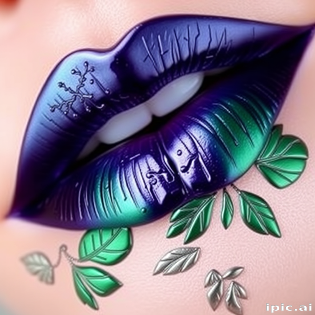 Duochrome lips shifting between deep emerald and royal purple, named "Enchanted Forest," with a metallic finish and intricate leaf-like patterns embossed on the surface