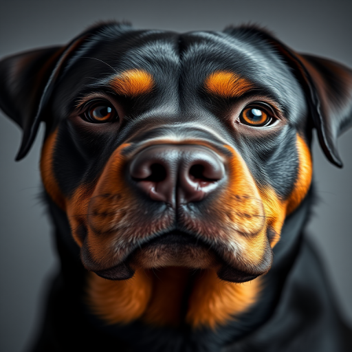 Close-up portrait of a Rottweiler with expressive eyes and detailed fur, studio lighting, shallow depth of field, 85mm lens, f/1.8 aperture, ISO 100, professional DSLR camera.