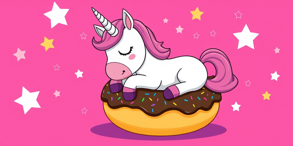 Create a vibrant cartoon image of a unicorn lounging on a colorful chocolate donut with sprinkles against a bright pink star-patterned background, shot with a DSLR camera at f/2.8, ISO 100, 50mm lens, in a whimsical art style.